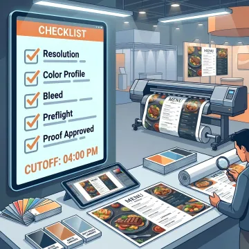Designer reviewing printed menu samples