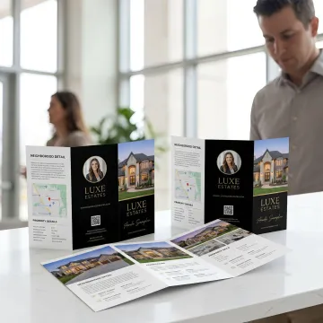 Tri-fold real estate brochures displayed on a desk