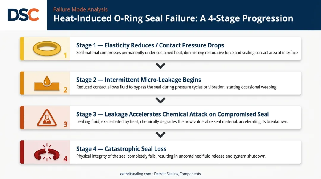 Four-stage O-ring heat-induced seal failure progression sequence flow diagram