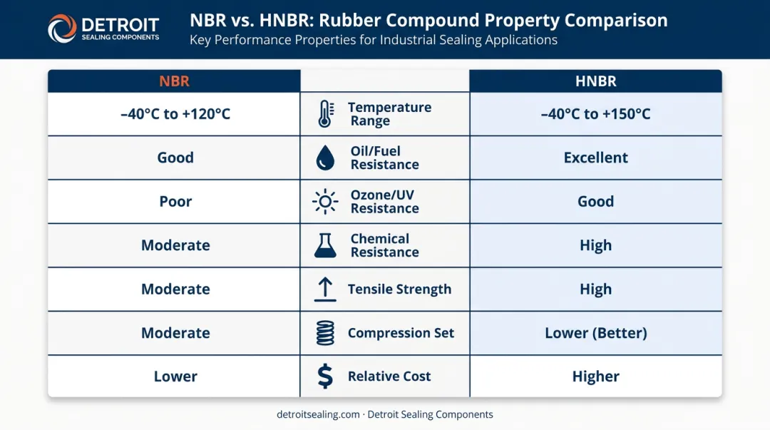 NBR versus HNBR side-by-side performance properties comparison infographic