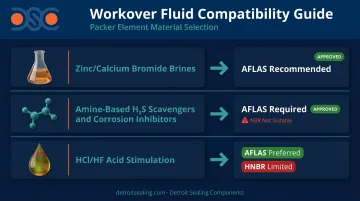 Workover fluid chemistry to packer element material selection decision guide infographic