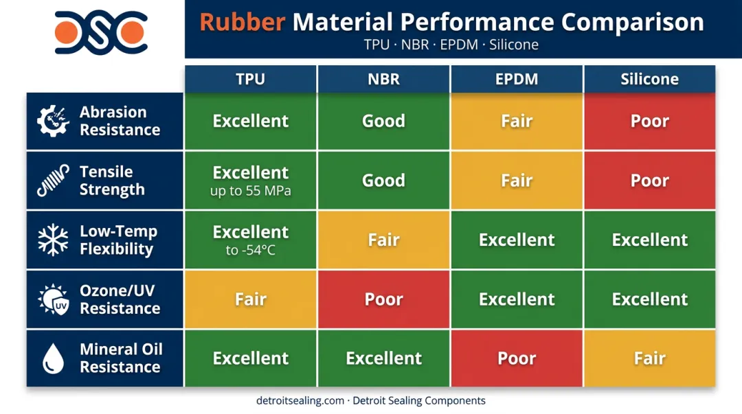 TPU versus NBR EPDM and silicone key sealing properties comparison chart