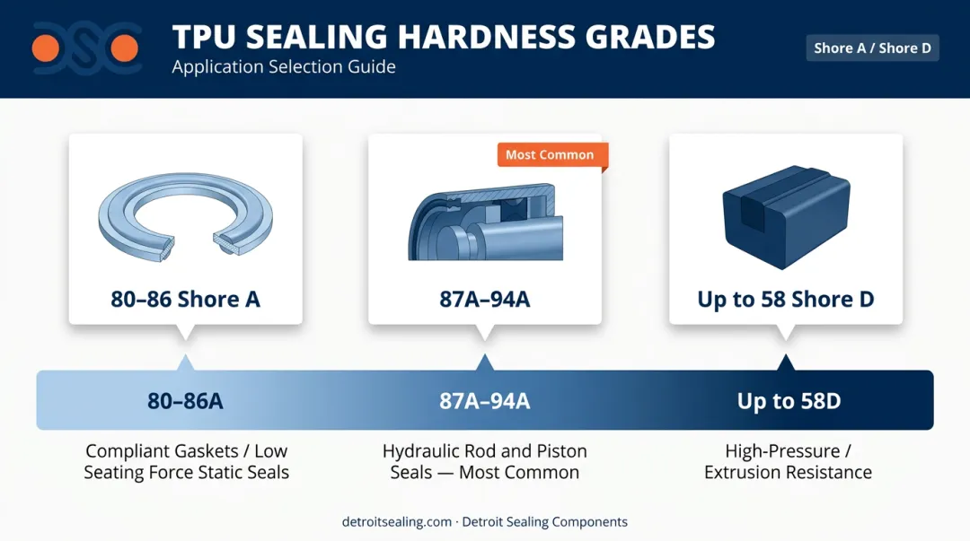 TPU seal Shore hardness range chart from 80A to 58D applications