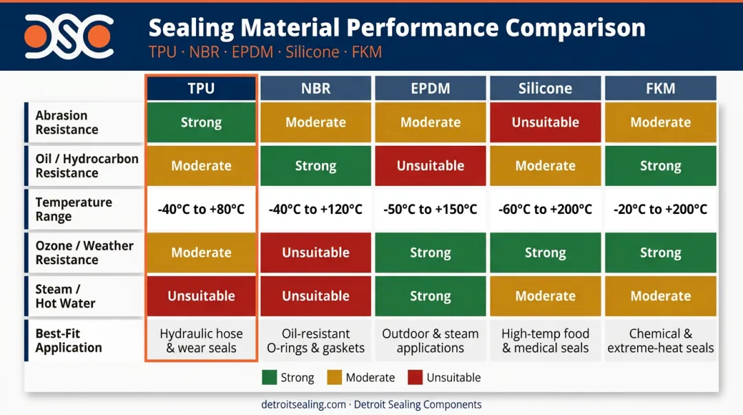 Five-material sealing comparison chart TPU NBR EPDM silicone FKM properties