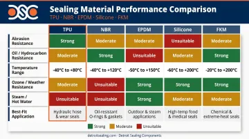 Five-material sealing comparison chart TPU NBR EPDM silicone FKM properties