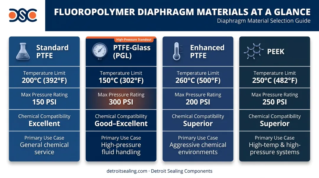 Fluoropolymer BPR diaphragm materials comparison chart PTFE PEEK ratings