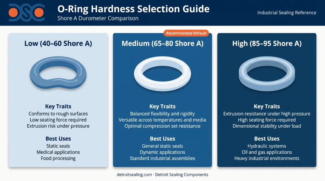 Three Shore A hardness bands low medium high O-ring application comparison infographic