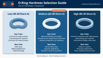 Three Shore A hardness bands low medium high O-ring application comparison infographic