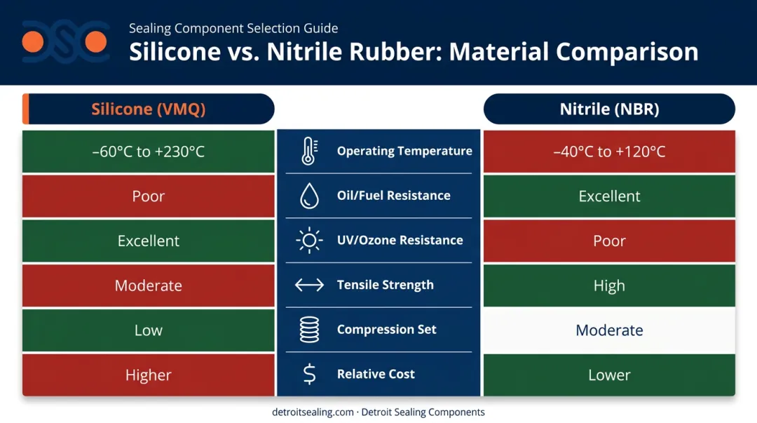 Silicone versus nitrile rubber O-ring six-property performance comparison chart