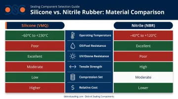 Silicone versus nitrile rubber O-ring six-property performance comparison chart