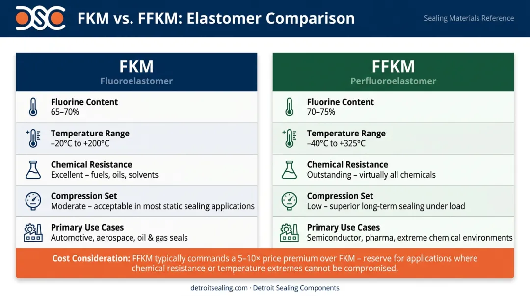 FKM versus FFKM side-by-side property comparison infographic for sealing selection