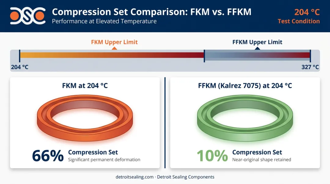 FKM versus FFKM compression set performance comparison at 204 degrees Celsius