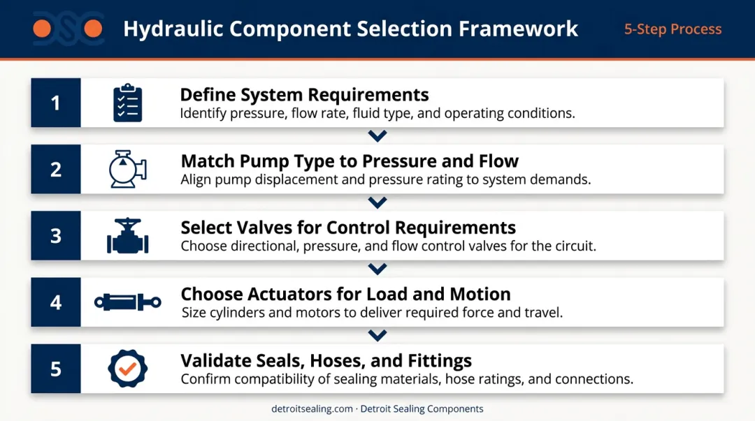 5-step hydraulic component selection framework from system requirements to seal validation