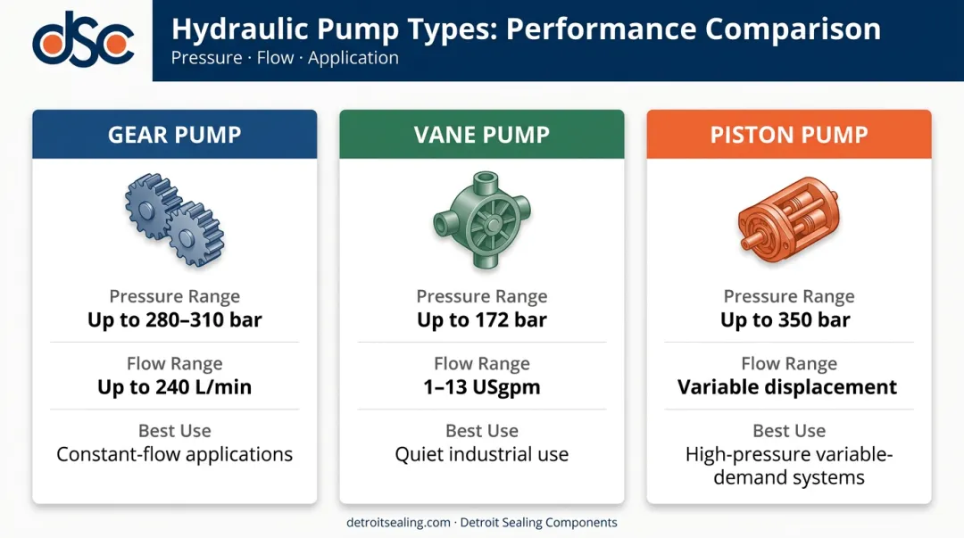 Three hydraulic pump types gear vane piston pressure and flow comparison chart