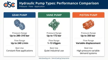Three hydraulic pump types gear vane piston pressure and flow comparison chart
