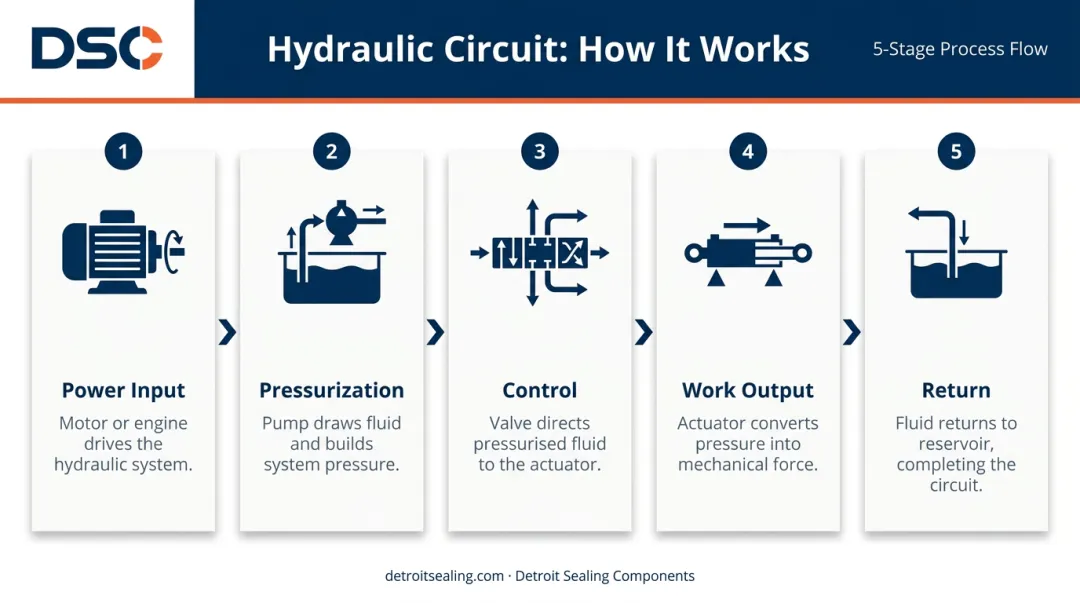 5-stage hydraulic circuit power flow sequence from input to return