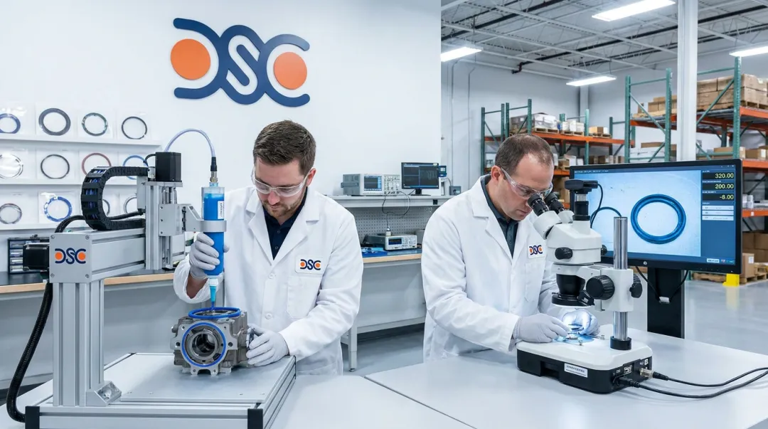 DSC engineering team reviewing oil seal specifications and compound selection in laboratory