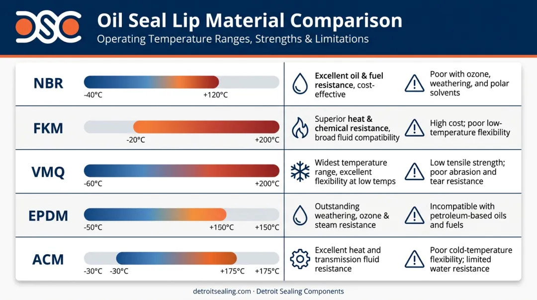 Oil seal rubber material comparison chart showing temperature ranges and chemical compatibility