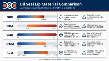 Oil seal rubber material comparison chart showing temperature ranges and chemical compatibility