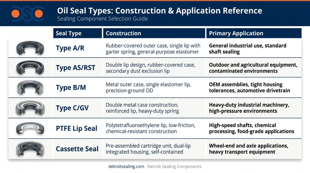 Six common oil seal types comparison chart with construction and application details