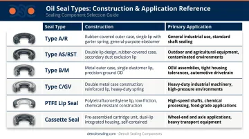 Six common oil seal types comparison chart with construction and application details