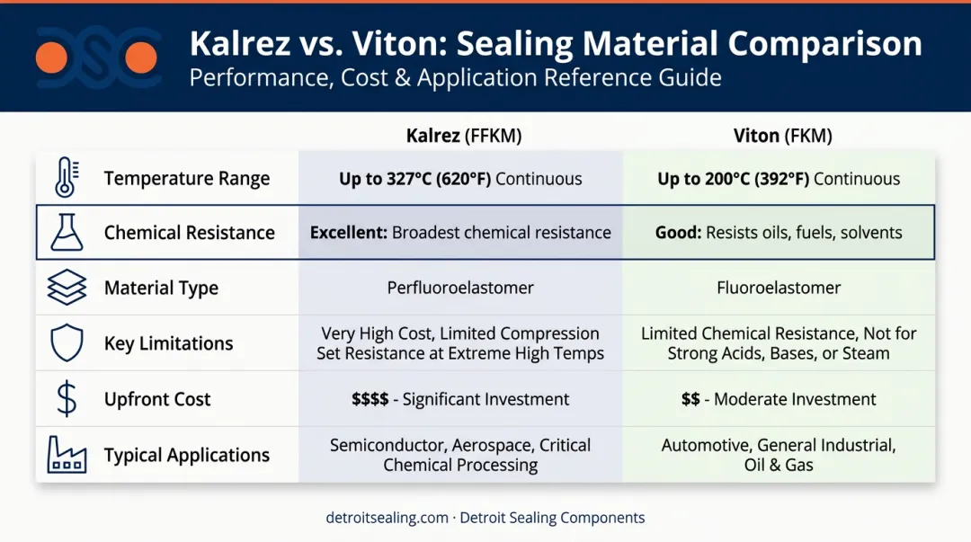 Kalrez FFKM versus Viton FKM side-by-side material comparison infographic