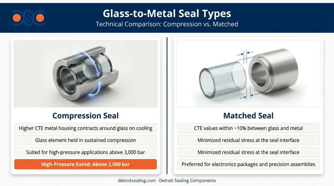 Glass-to-metal seal compression versus matched seal design comparison infographic