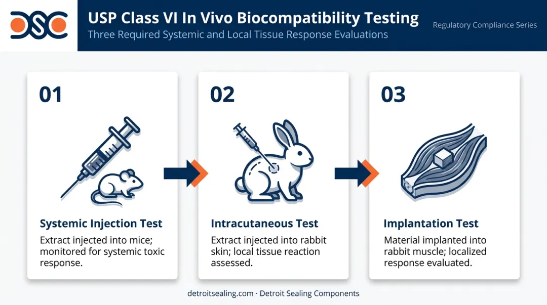Three USP Class VI in vivo biological reactivity tests process infographic