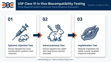 Three USP Class VI in vivo biological reactivity tests process infographic