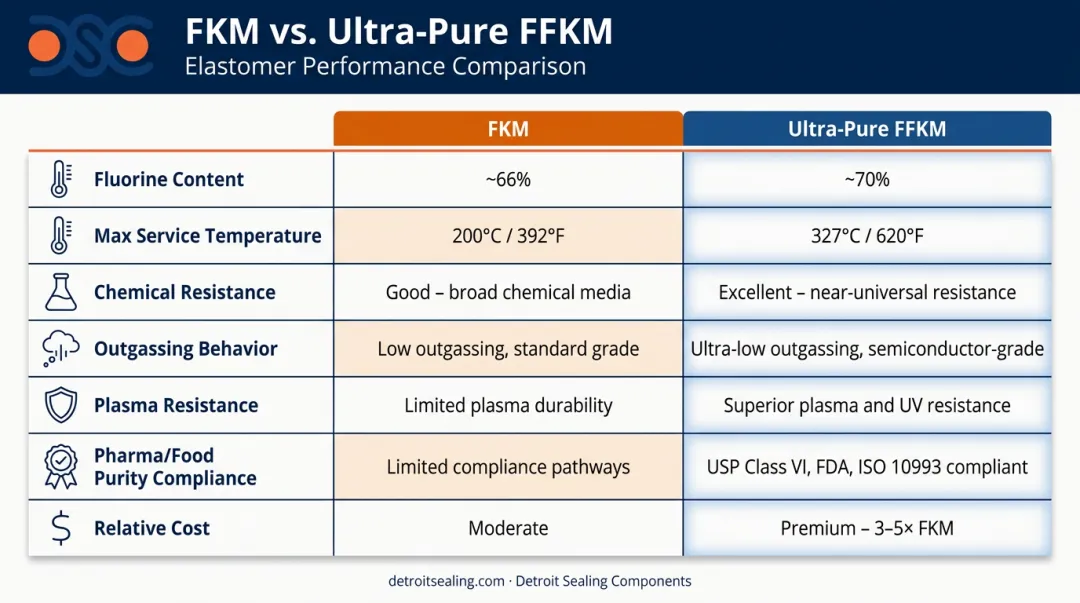 FKM Viton versus ultra-pure FFKM seven-parameter performance comparison infographic