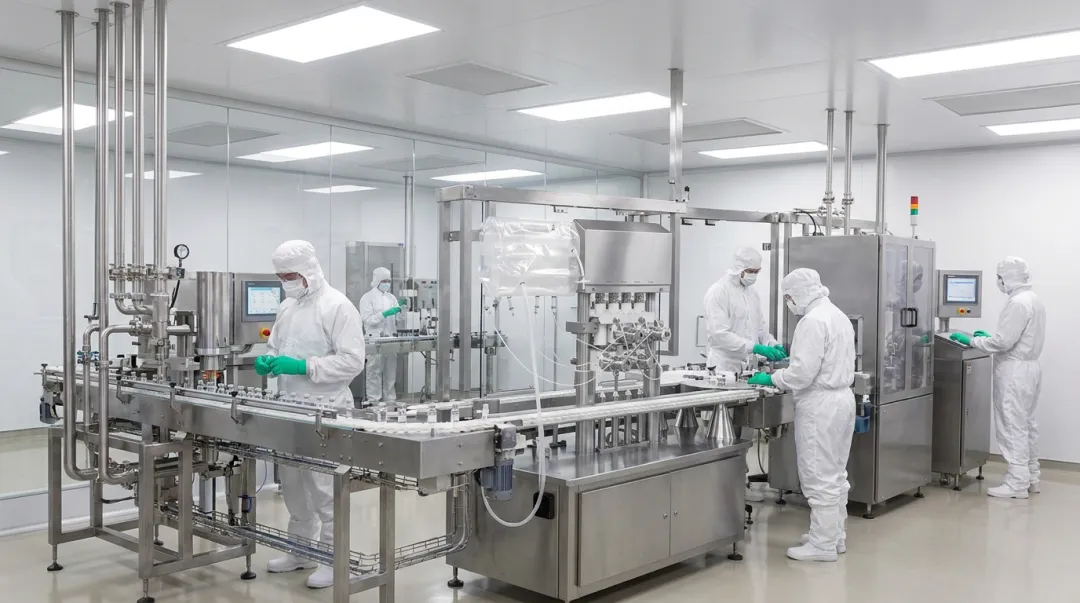 Pharmaceutical sterile fill line with stainless steel equipment and cleanroom sealing components
