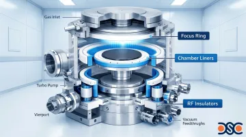 Semiconductor plasma etch chamber interior showing fluoropolymer seals and wafer processing environment