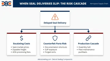 Three compounding cost risks from delayed aerospace seal deliveries infographic