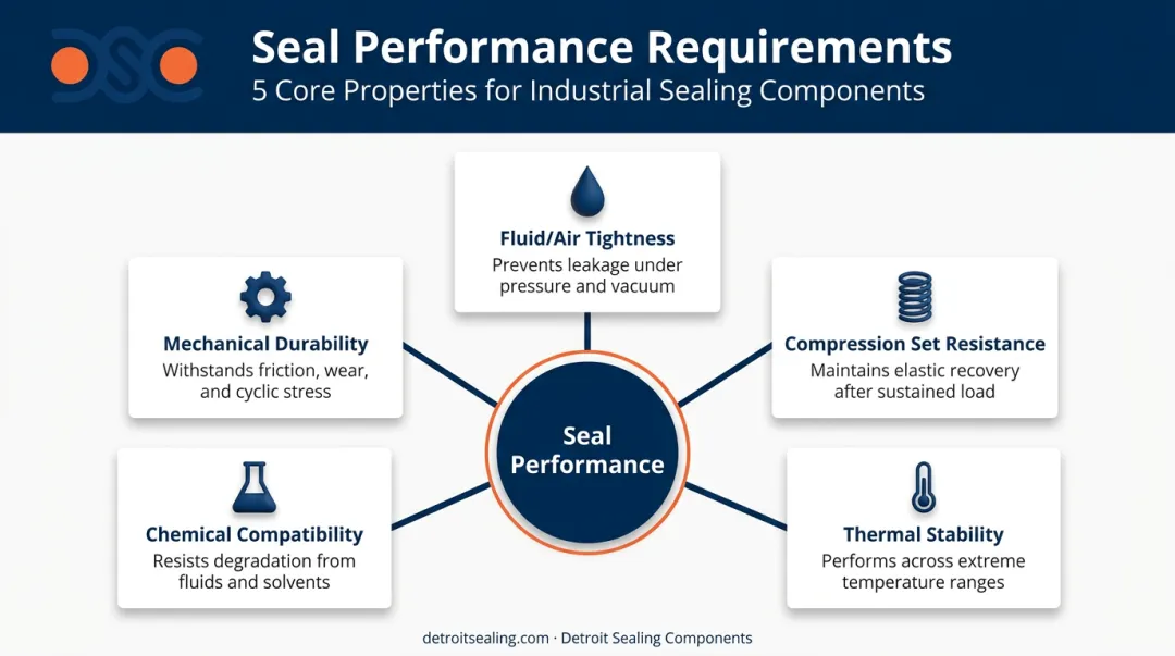 Five core sealing material performance requirements illustrated as interconnected properties