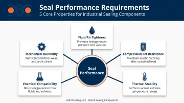 Five core sealing material performance requirements illustrated as interconnected properties