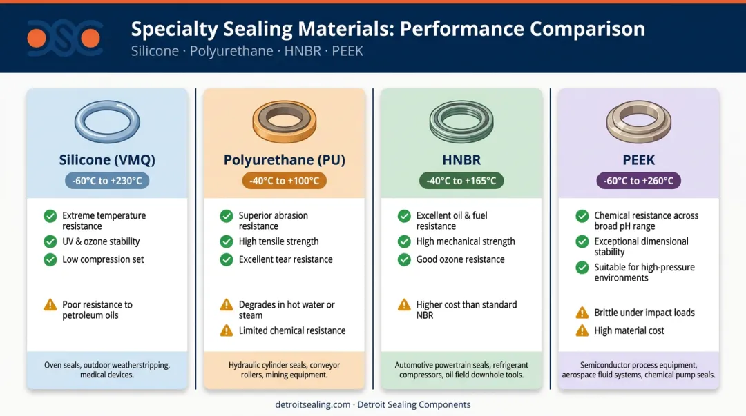 Specialty sealing materials comparison table silicone polyurethane HNBR and PEEK properties