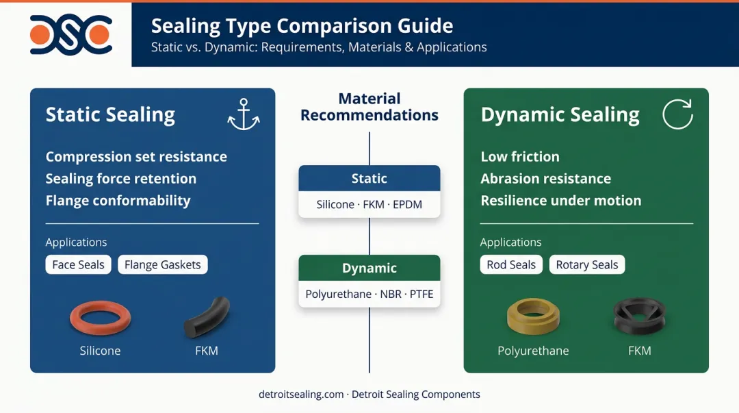 Static versus dynamic sealing application comparison showing material requirements and use cases