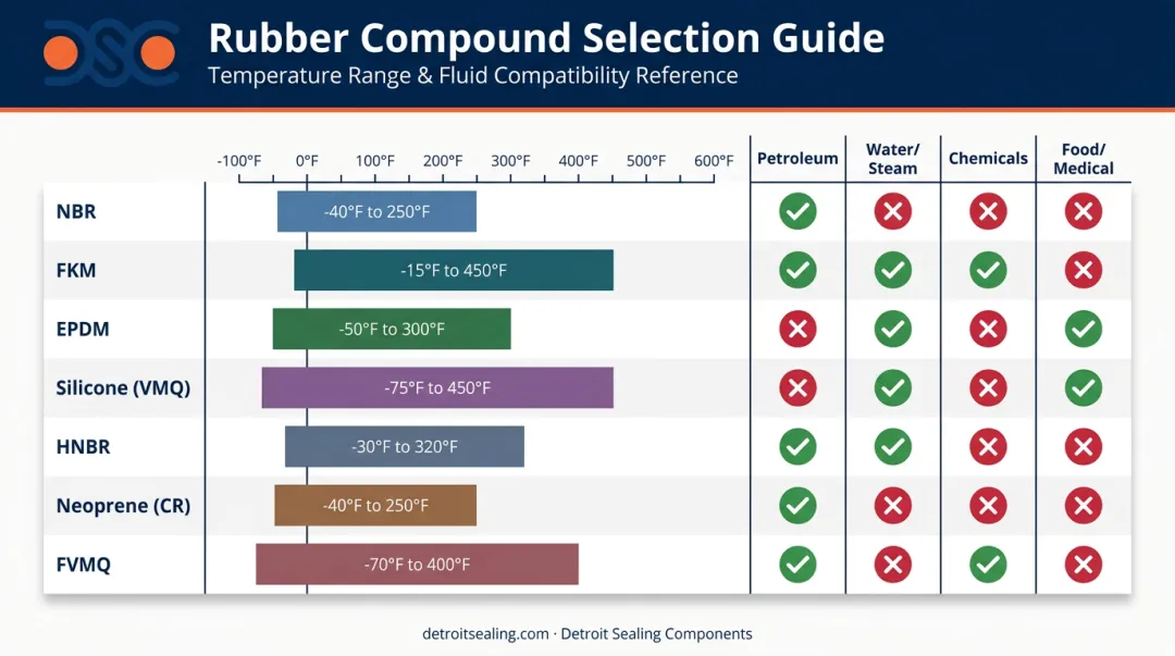 Seven rubber O-ring compounds temperature range and chemical compatibility comparison chart