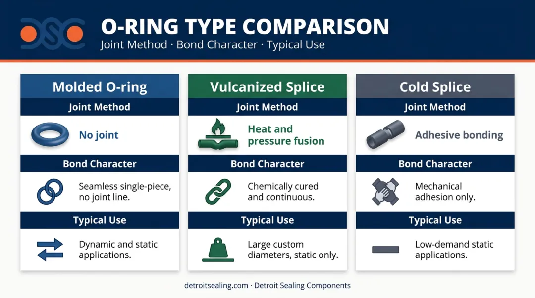 Three O-ring types comparison molded vulcanized splice and cold splice methods