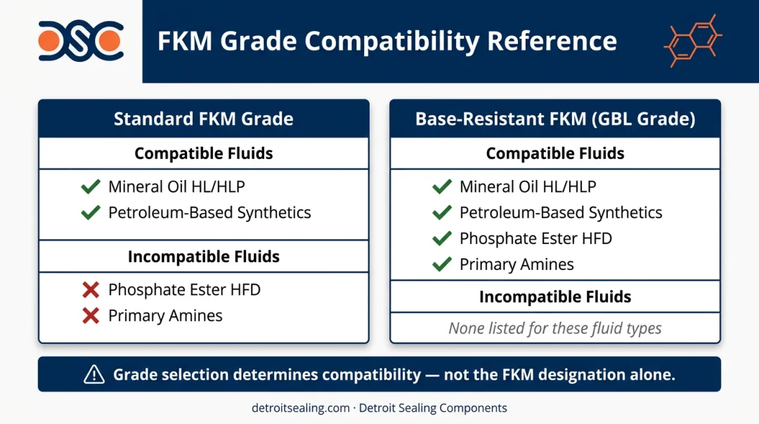 FKM compound grade compatibility comparison standard versus base-resistant grades
