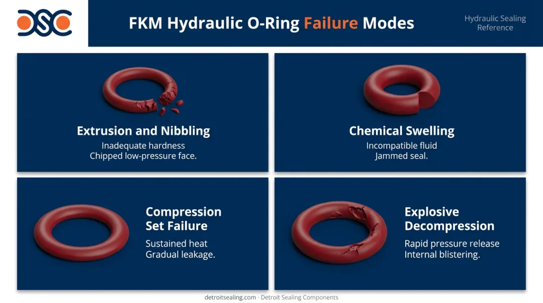 Four FKM hydraulic O-ring failure modes causes and visual indicators infographic