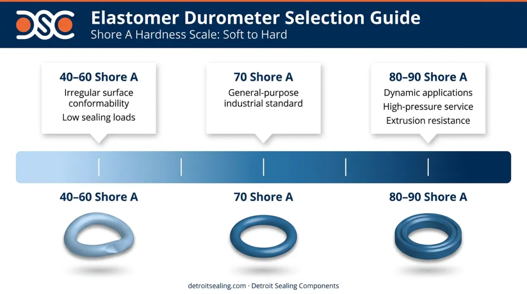 Buna-N O-ring Shore A durometer range applications and pressure performance chart