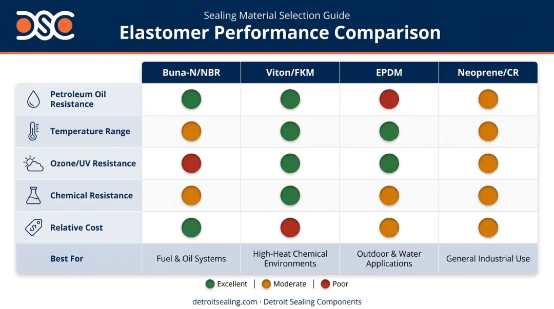 Buna-N versus Viton EPDM neoprene elastomer comparison matrix by key properties