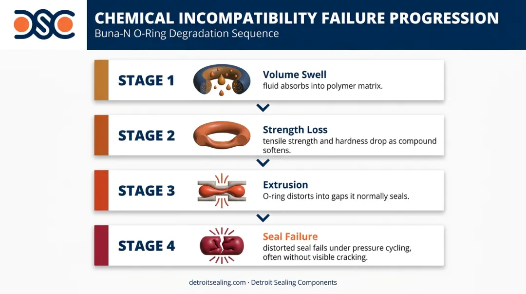 Buna-N chemical incompatibility seal failure four-stage progression flow diagram