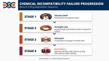 Buna-N chemical incompatibility seal failure four-stage progression flow diagram
