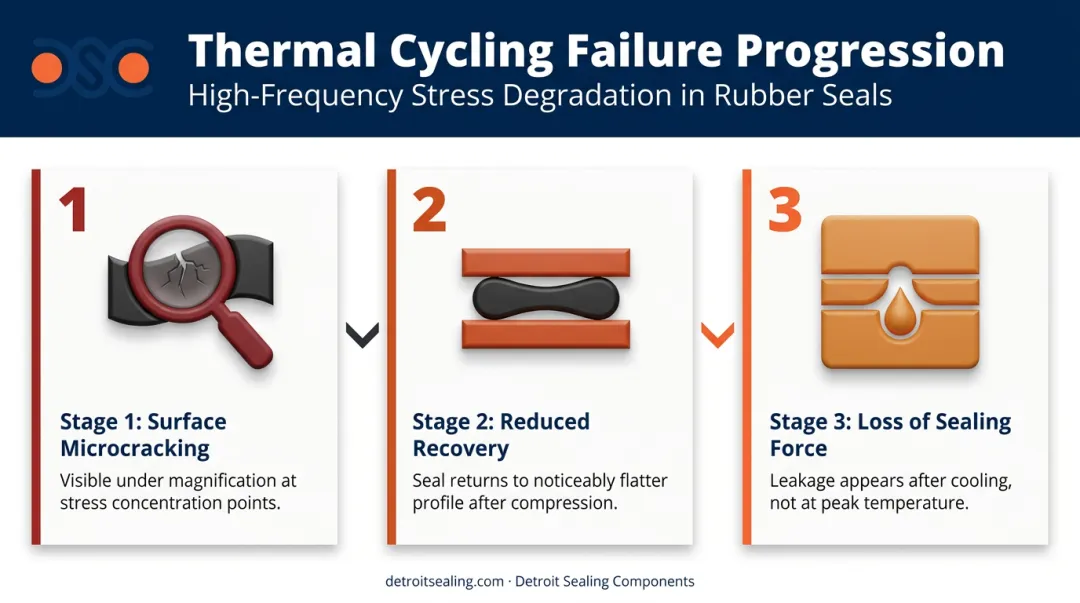 Three-stage FFKM seal failure progression from microcracking to sealing force loss