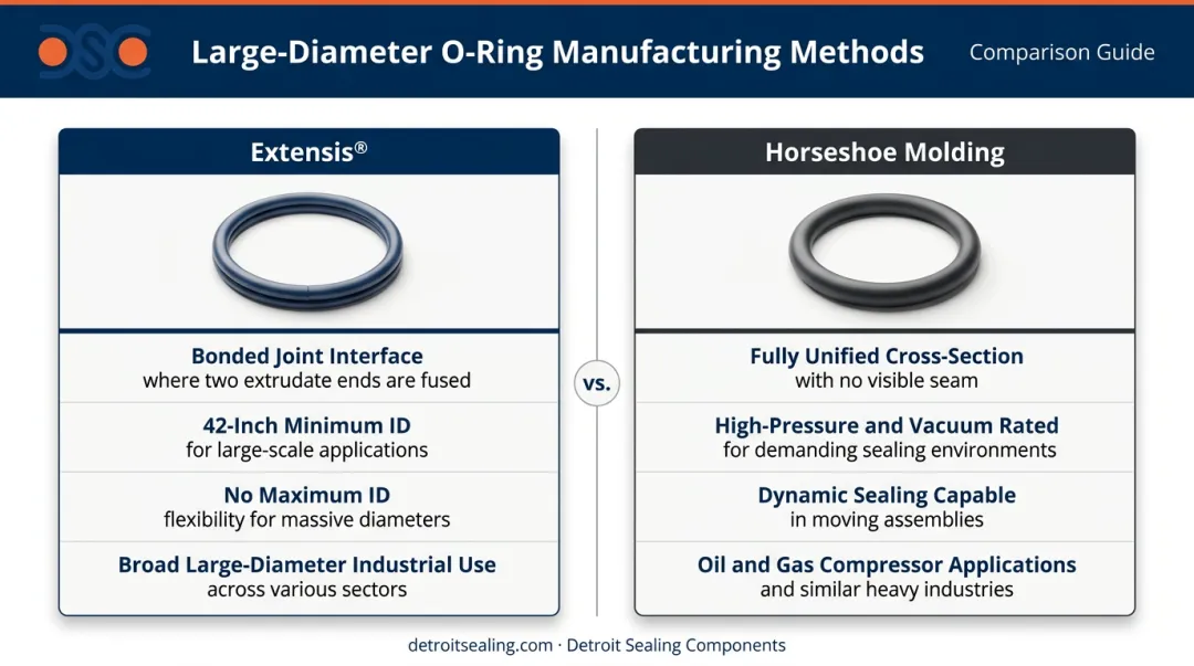 Extensis versus horseshoe molding large-diameter O-ring manufacturing method comparison