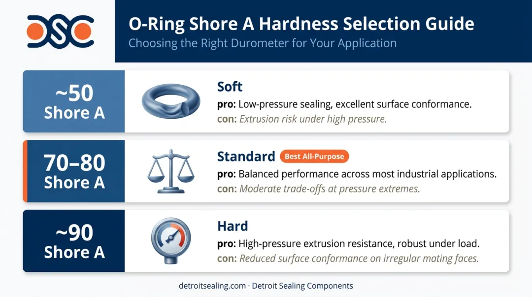 Shore A durometer hardness comparison chart for O-ring compound selection