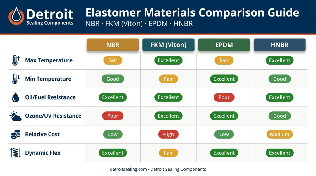 NBR versus FKM EPDM and HNBR seal material comparison chart with key properties