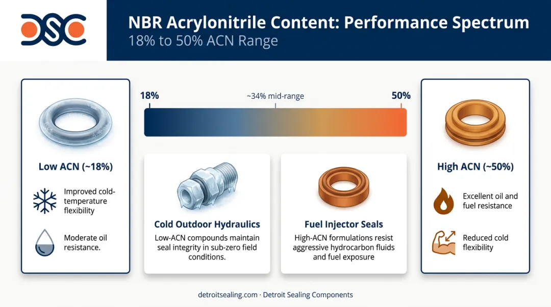 NBR acrylonitrile content spectrum showing oil resistance versus cold flexibility tradeoff